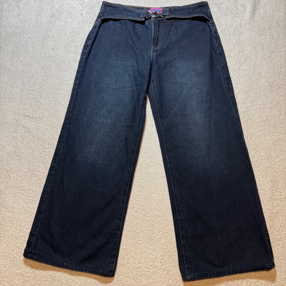Edikted Super Baggy Belted Low Rise Jeans Size M Dark Wash Wide Leg Y2K